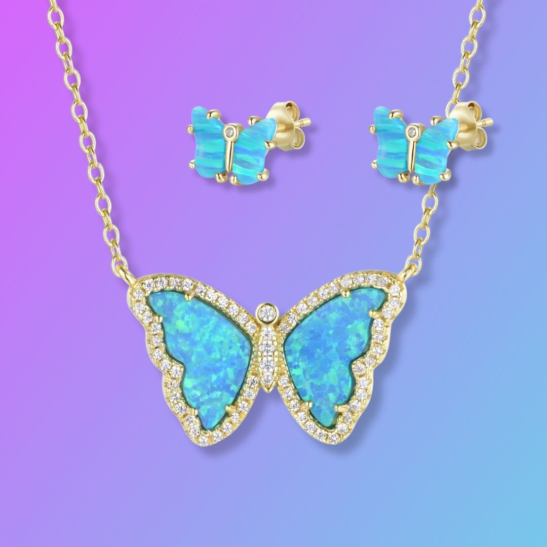 Gift Set | Opal Butterfly Necklace With Opal Butterfly Stud Earrings
