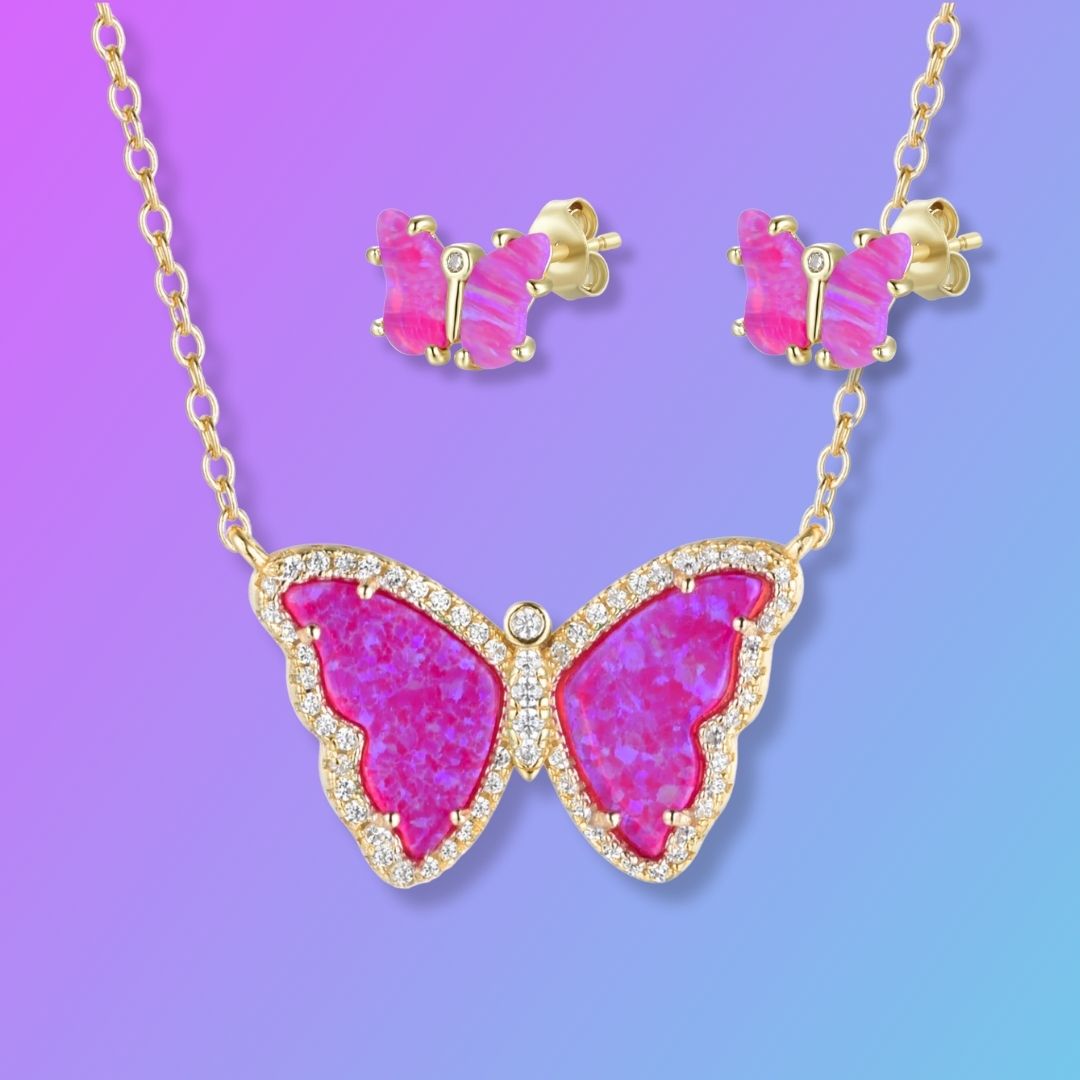 Gift Set | Opal Butterfly Necklace With Opal Butterfly Stud Earrings