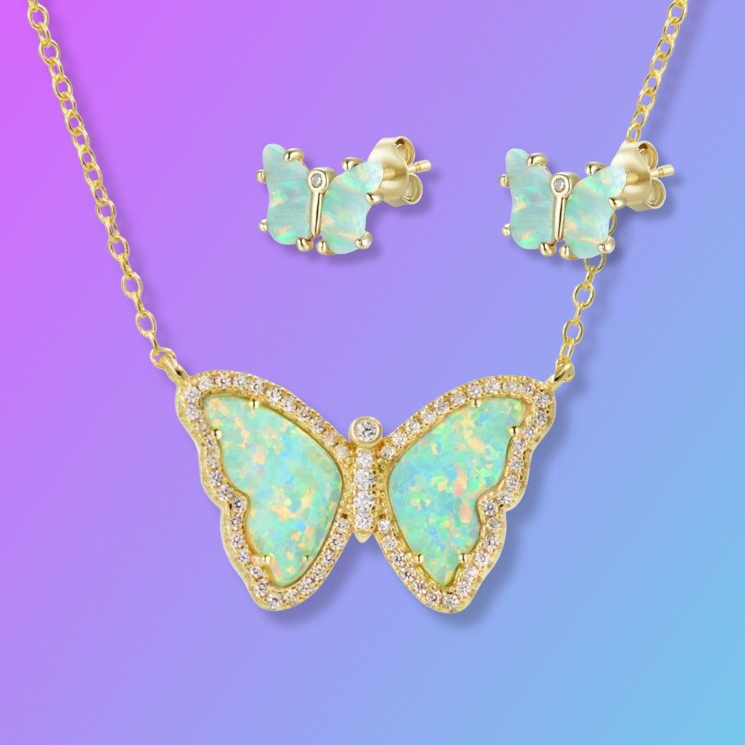 Gift Set | Opal Butterfly Necklace With Opal Butterfly Stud Earrings