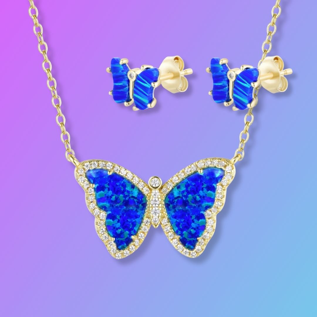 Gift Set | Opal Butterfly Necklace With Opal Butterfly Stud Earrings