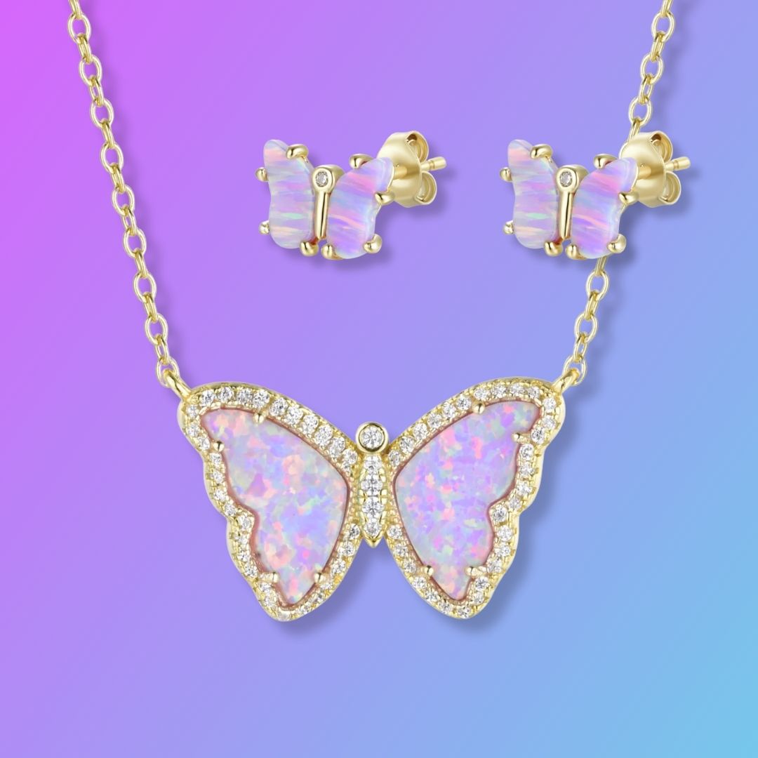 Gift Set | Opal Butterfly Necklace With Opal Butterfly Stud Earrings