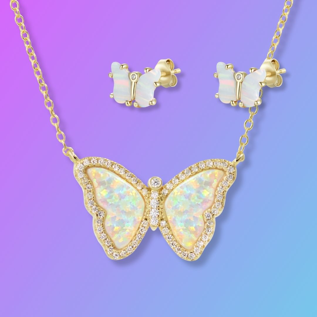 Gift Set | Opal Butterfly Necklace With Opal Butterfly Stud Earrings