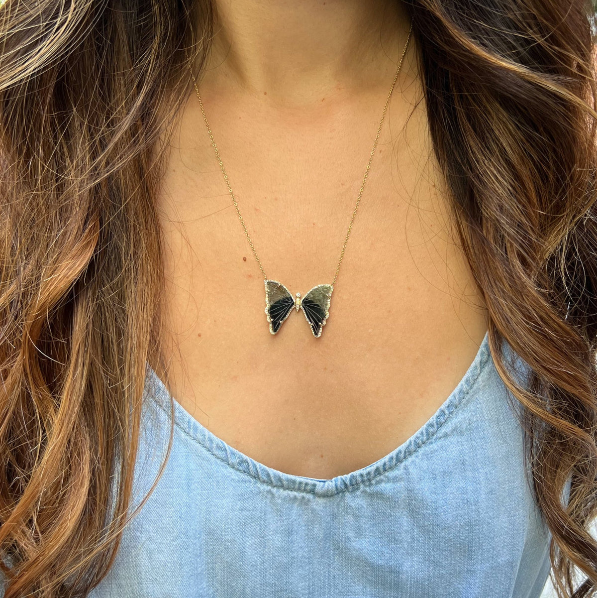Green and Black Tourmaline Butterfly Necklace with Diamonds