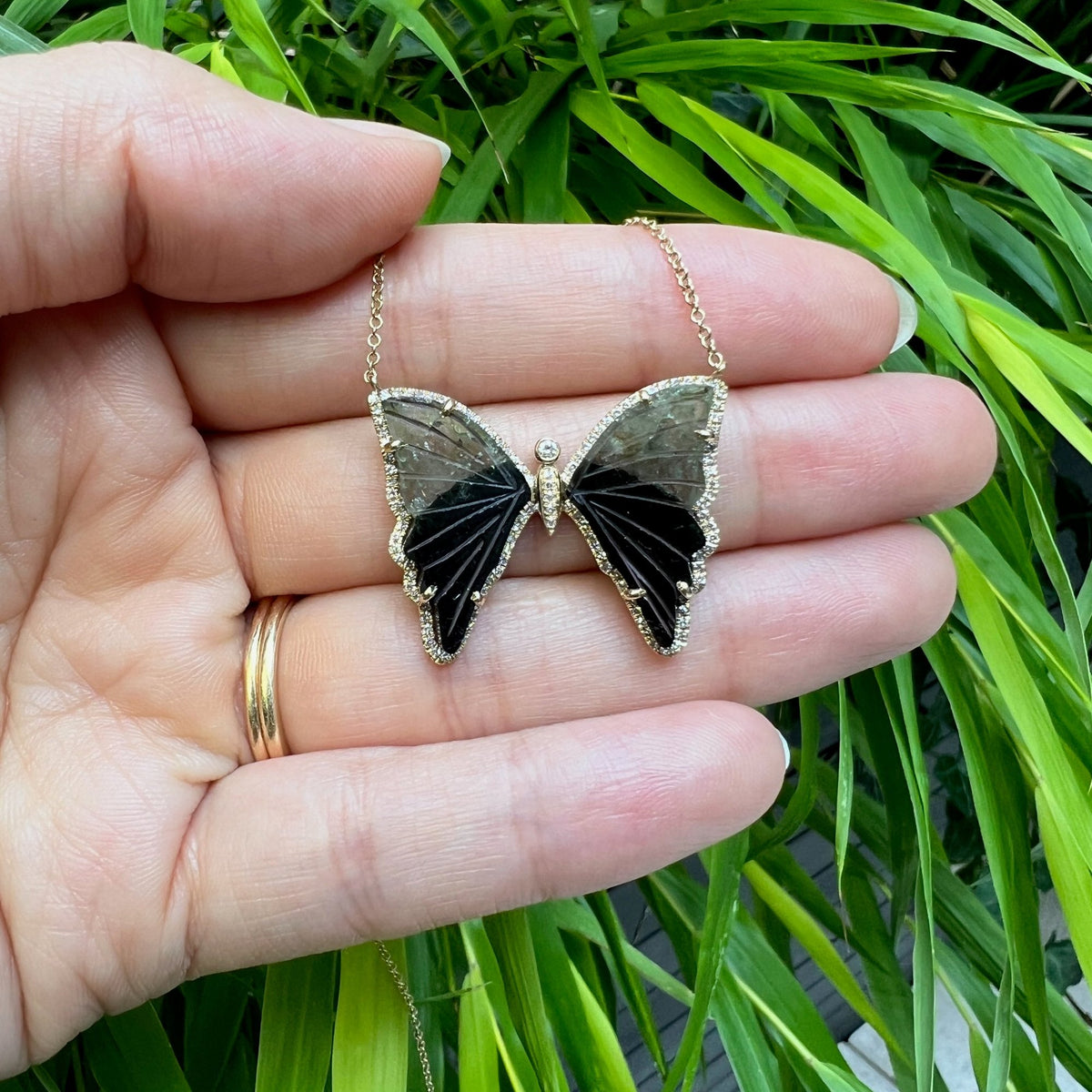Green and Black Tourmaline Butterfly Necklace with Diamonds