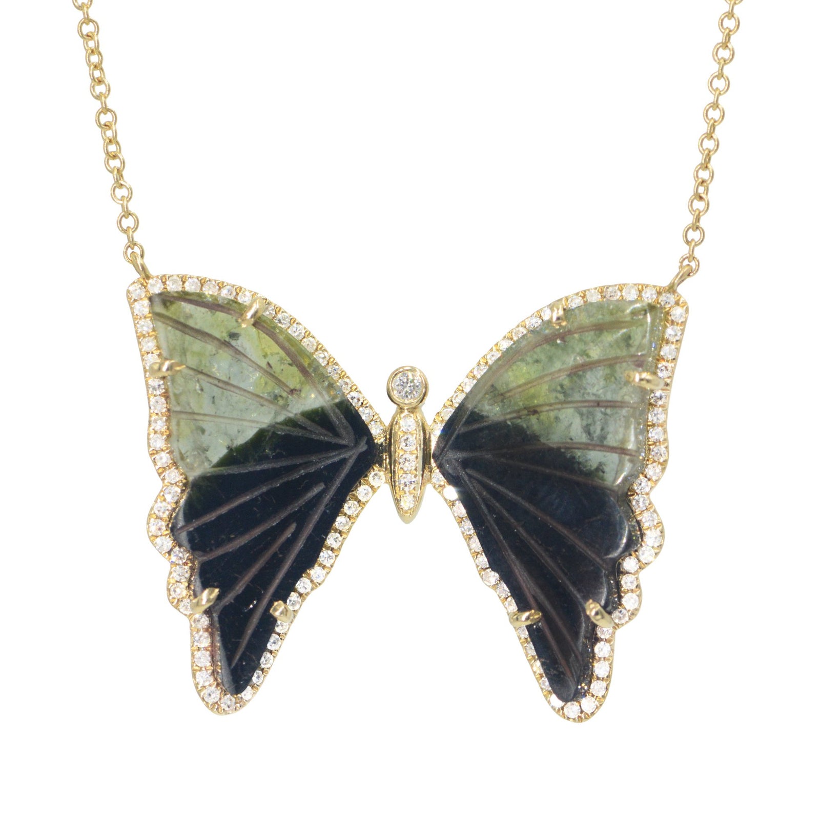 Green and Black Tourmaline Butterfly Necklace with Diamonds