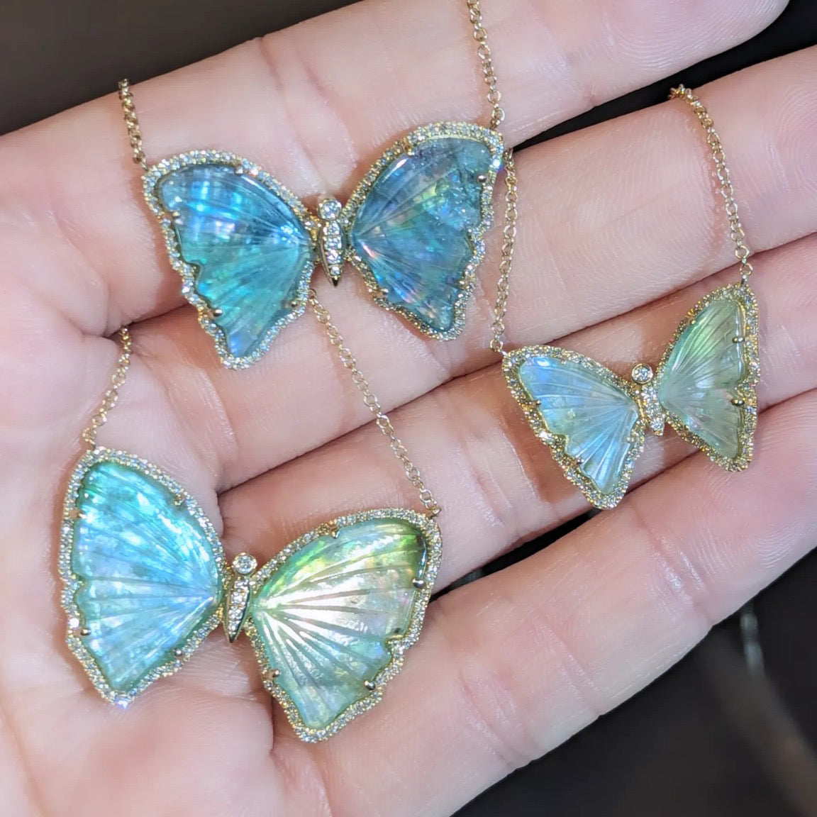 green and blue tourmaline and pearl butterfly necklaces