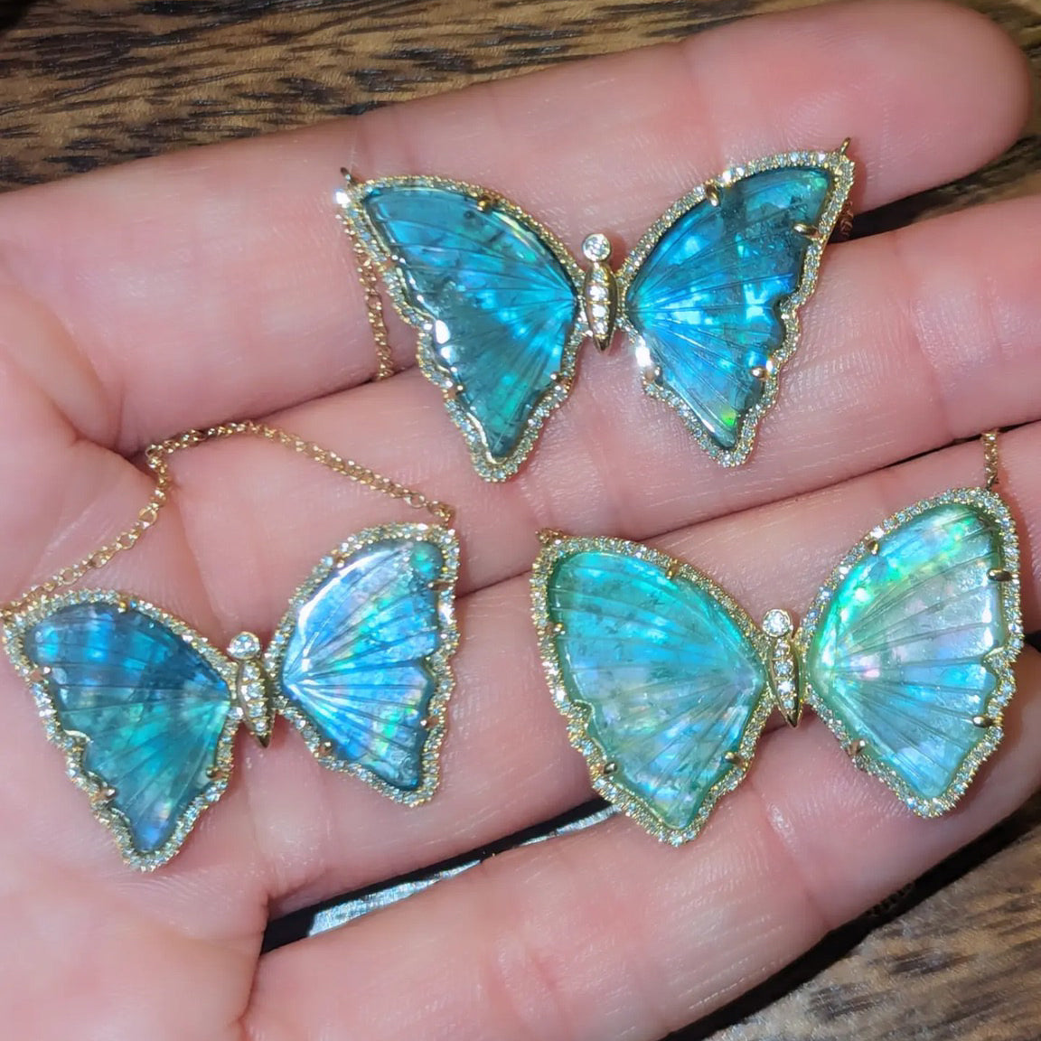 large teal blue tourmaline butterfly necklace with diamonds