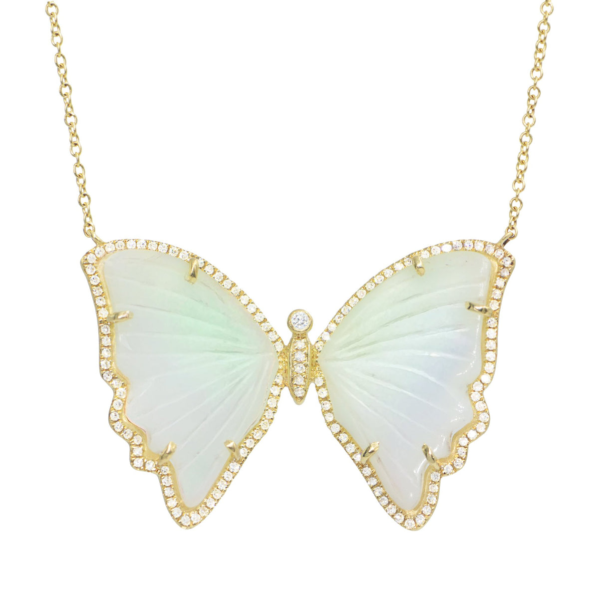 Large Light Green Chrysoprase Butterfly Necklace with Diamonds