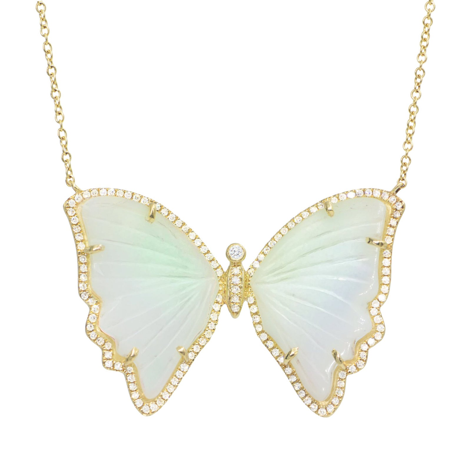 Large Light Green Chrysoprase Butterfly Necklace with Diamonds