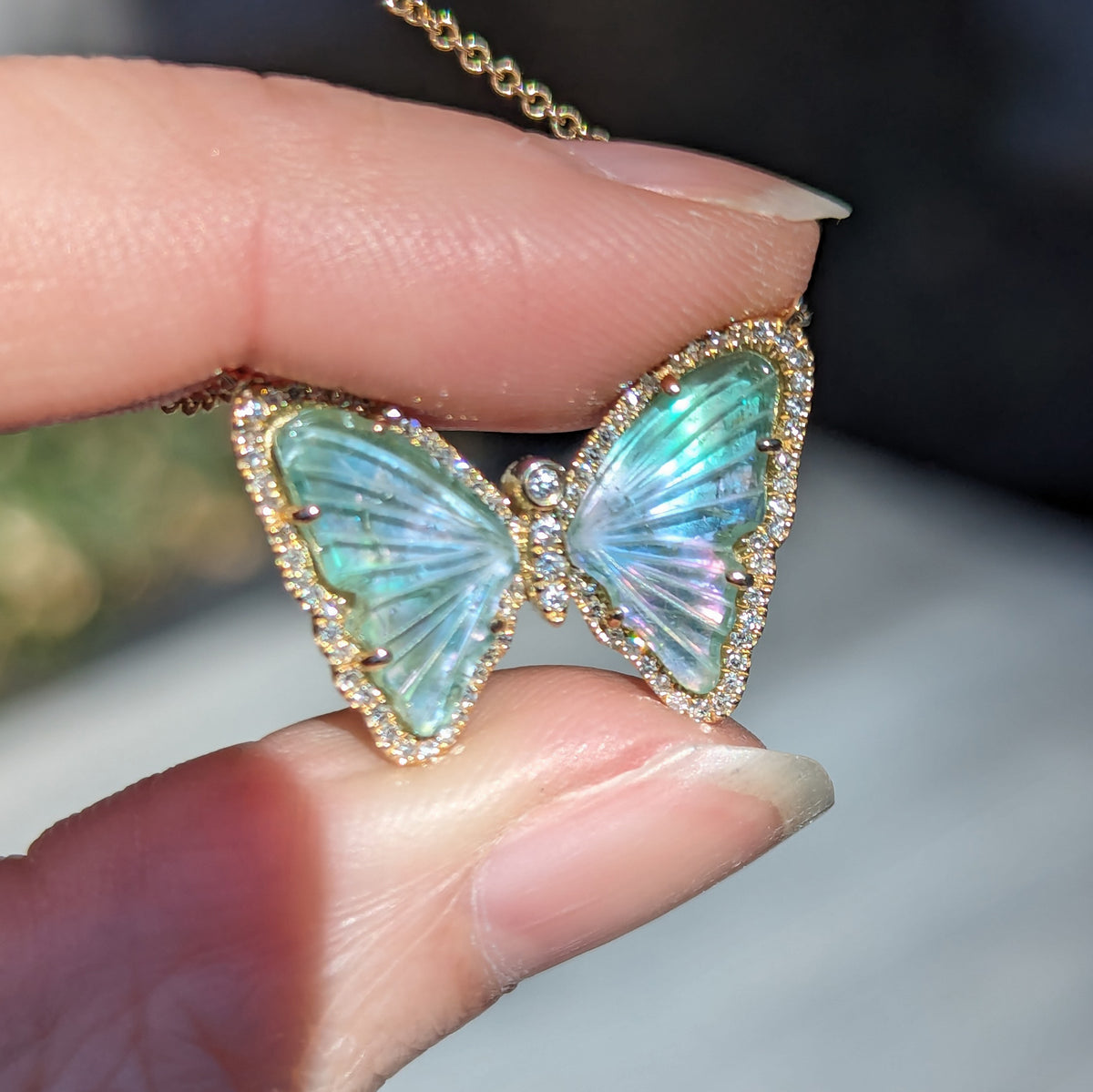 green teal pearl tourmaline butterfly necklace with diamonds
