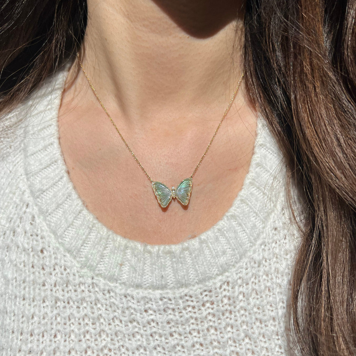 green tourmaline pearl butterfly necklace with diamonds