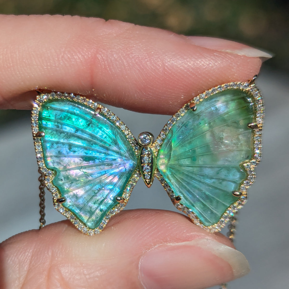 green tourmaline pearl butterfly necklace with diamonds