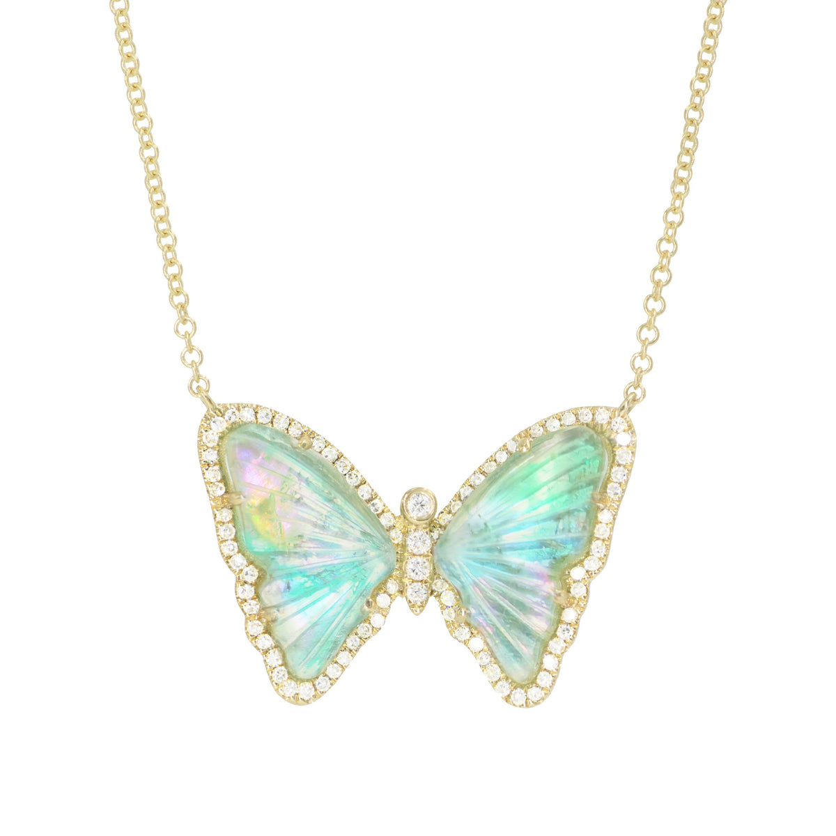 green tourmaline pearl butterfly necklace with diamonds