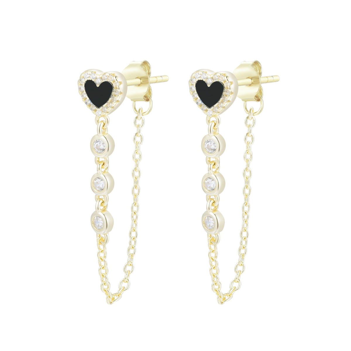heart chain stud earrings with crystals black onyx