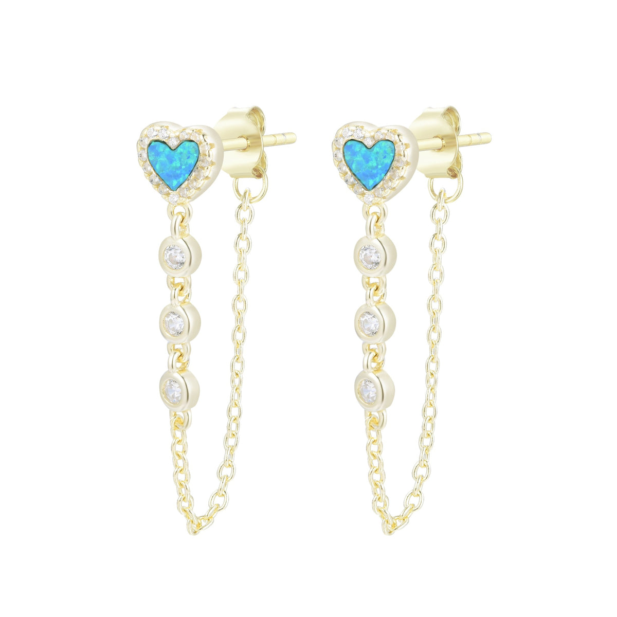heart chain stud earrings with crystals blue green opal