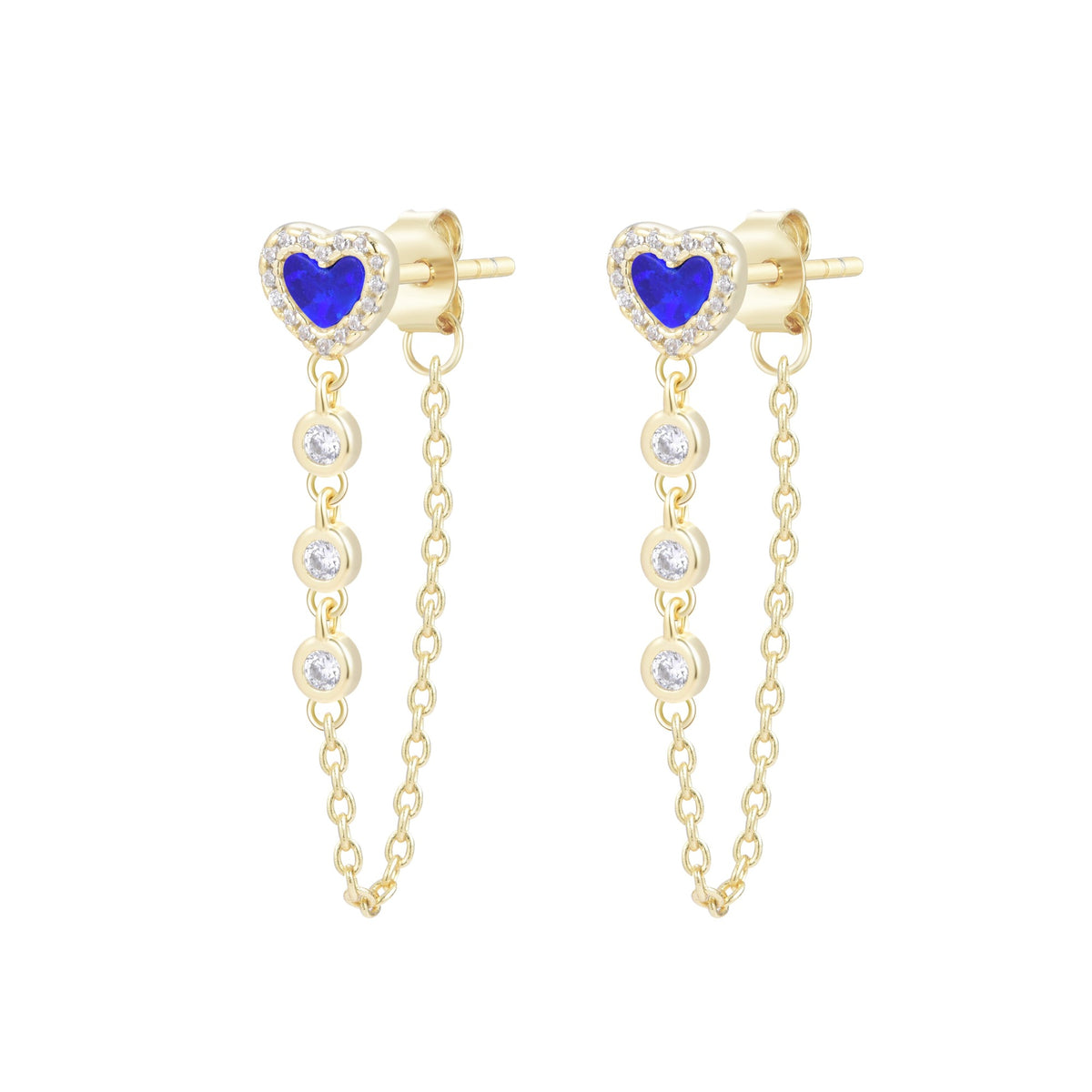 heart chain stud earrings with crystals indigo opal