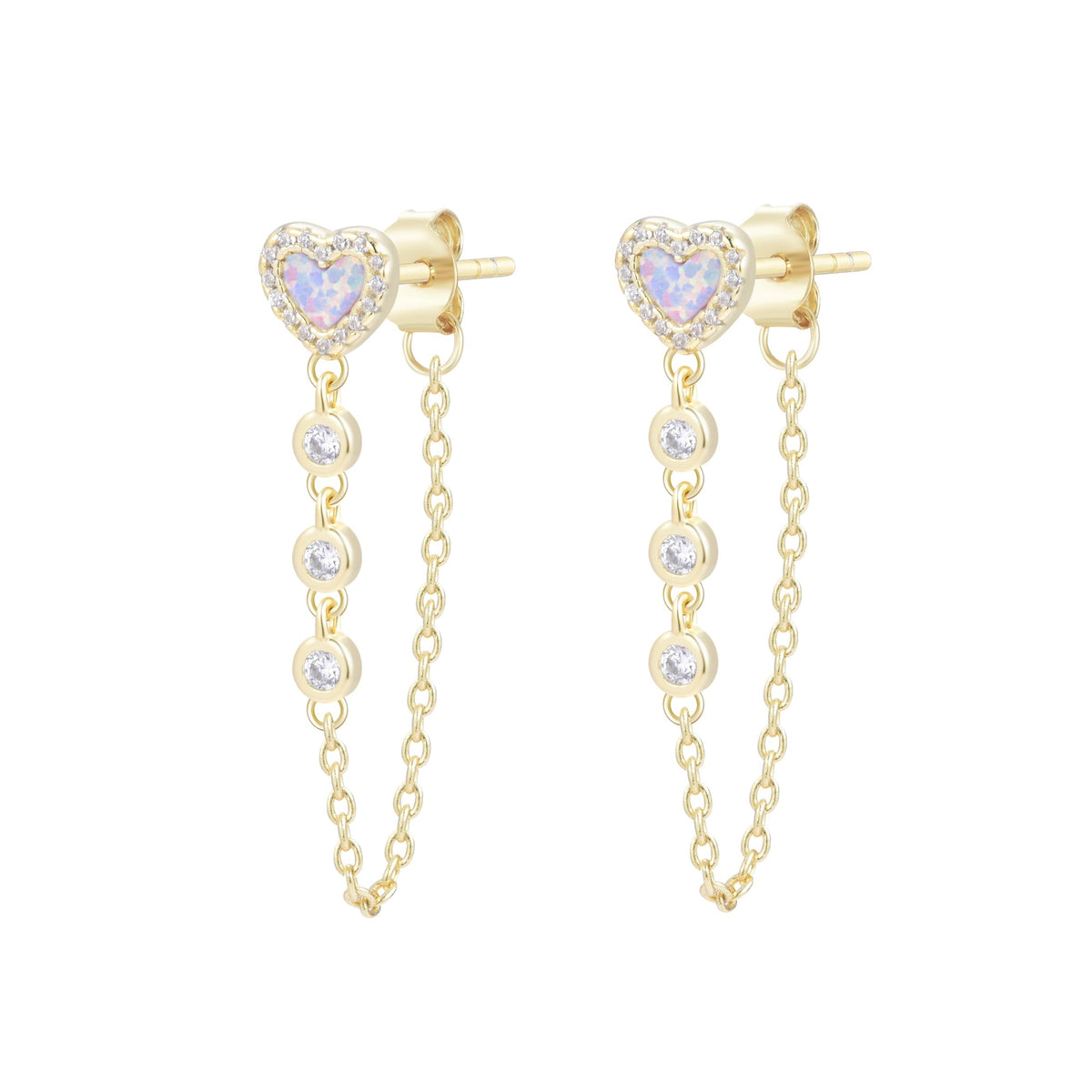 heart chain stud earrings with crystals lavender opal
