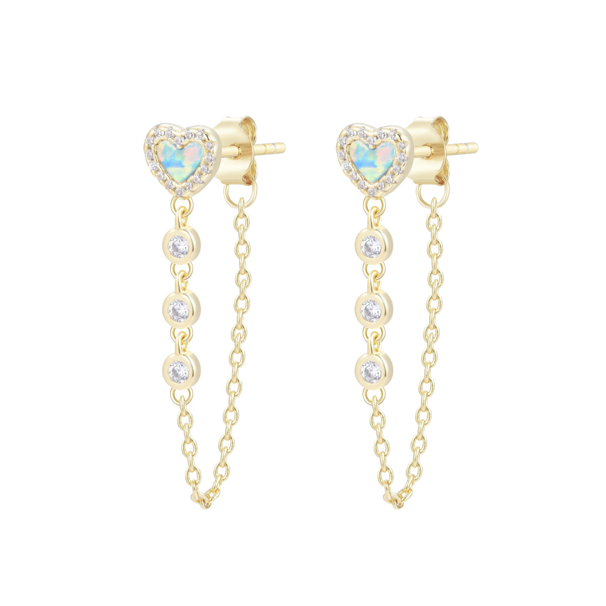 heart chain stud earrings with crystals light green opal