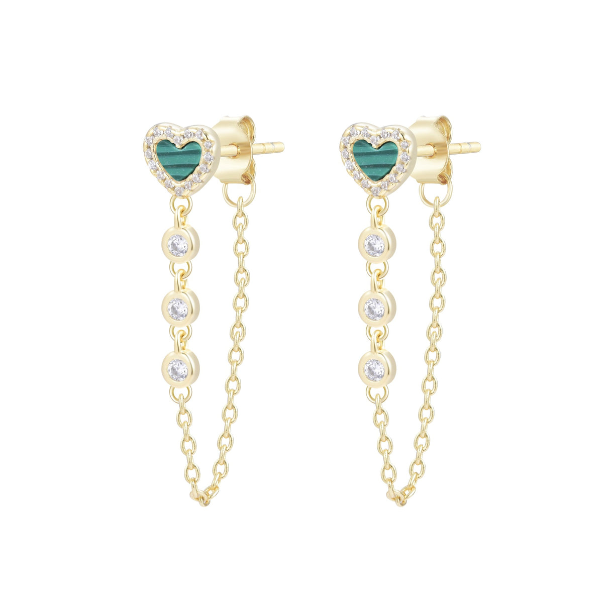 heart chain stud earrings with crystals malachite