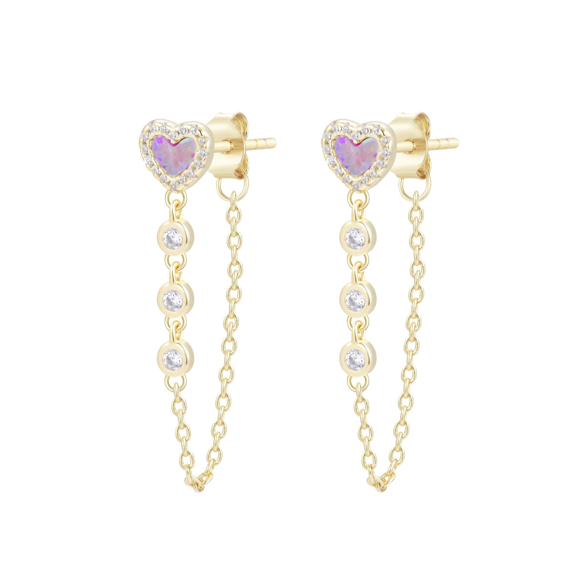 heart chain stud earrings with crystals pink opal