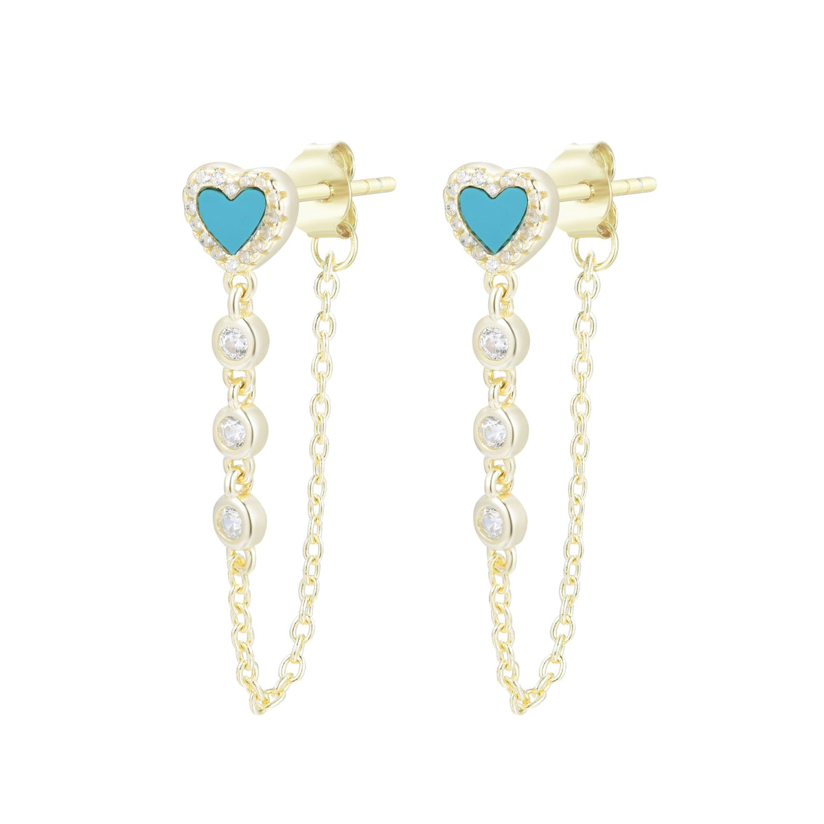 heart chain stud earrings with crystals turquoise