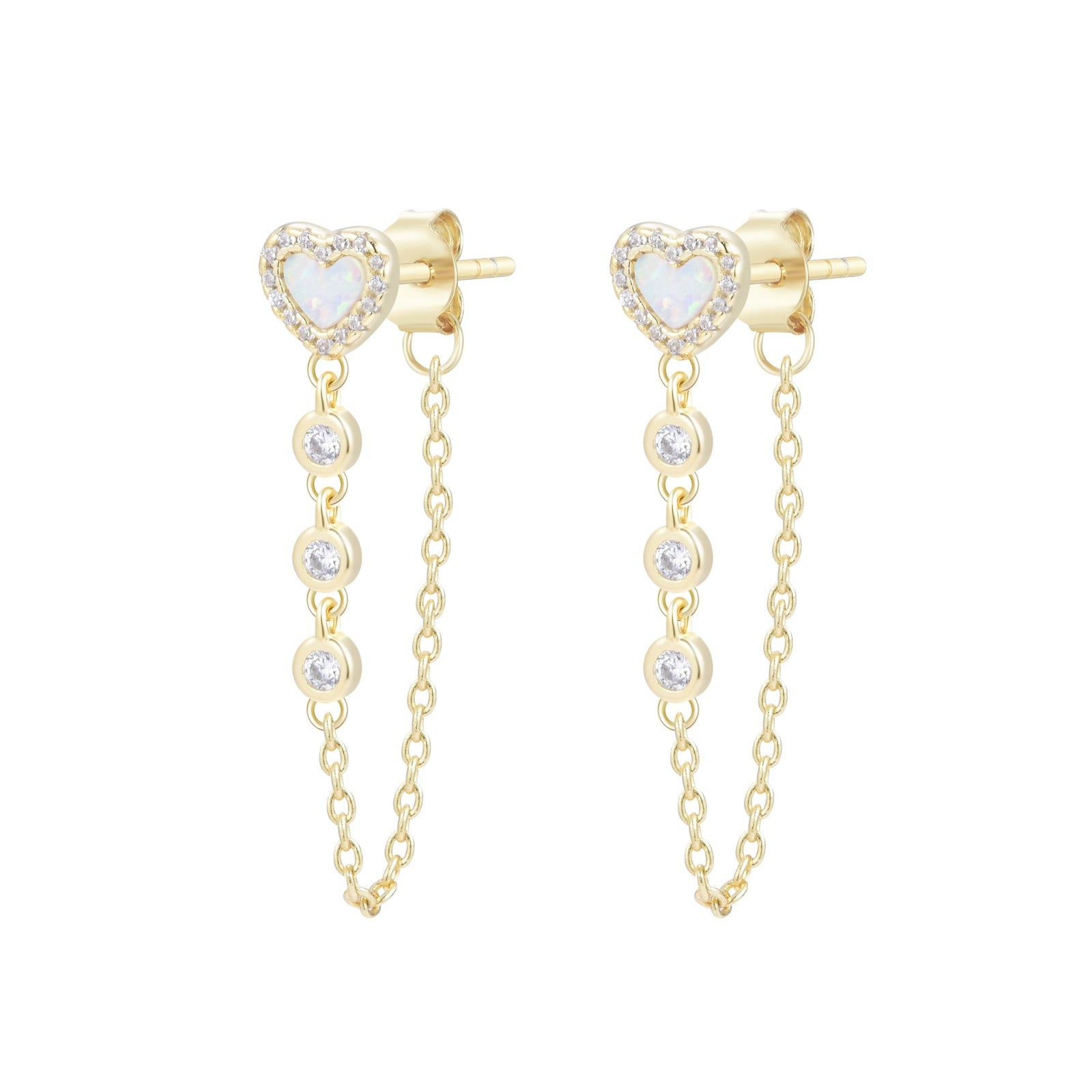 heart chain stud earrings with crystals white opal