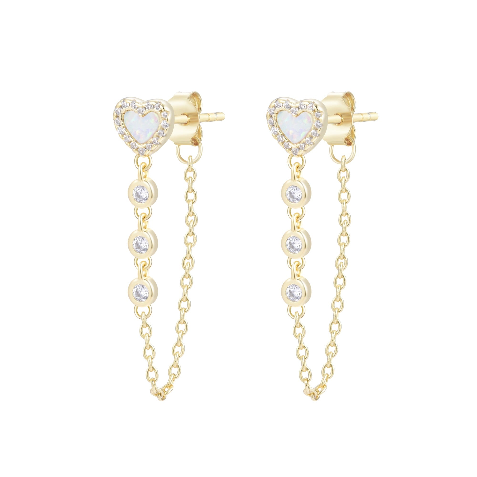 heart chain stud earrings with crystals white opal