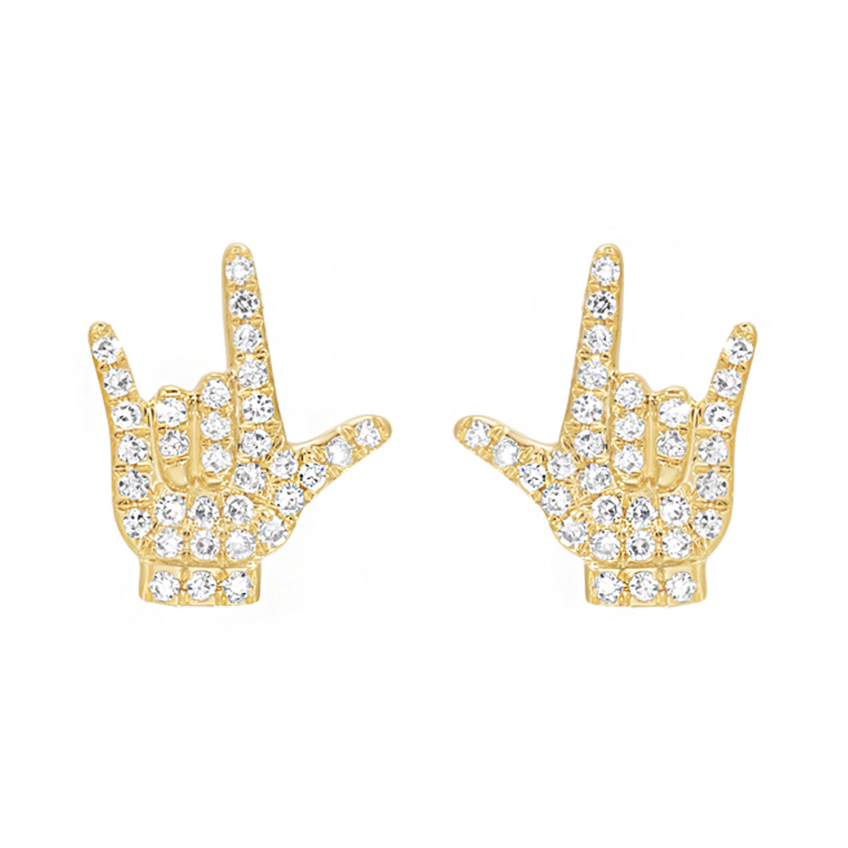 I Love You Sign Stud Earrings With Diamonds Rock On Hands
