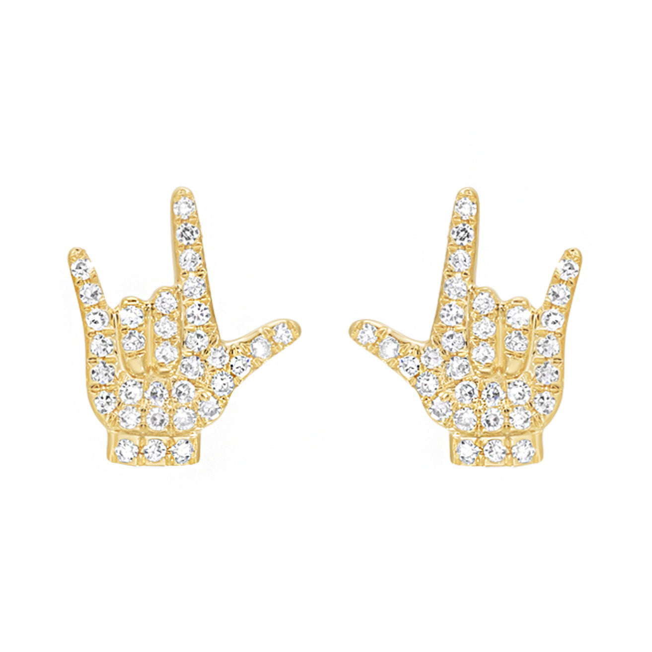 I Love You Sign Stud Earrings With Diamonds Rock On Hands