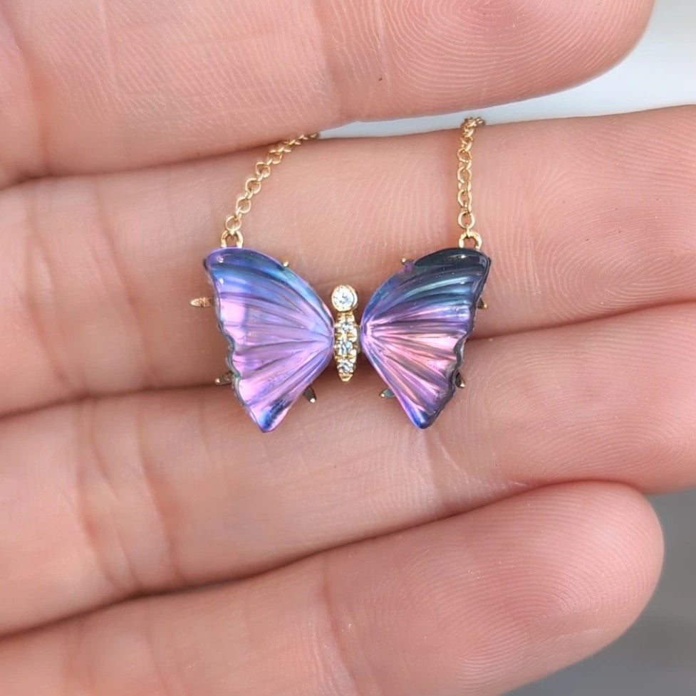 Cat Eye Purple Amethyst Pearl Diamond Butterfly Necklace with Prongs