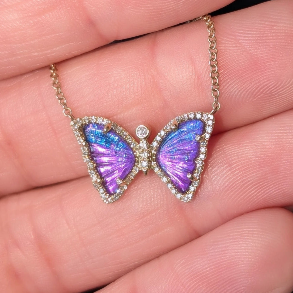 Mini Vivid Purple Amethyst Butterfly Necklace with Diamonds