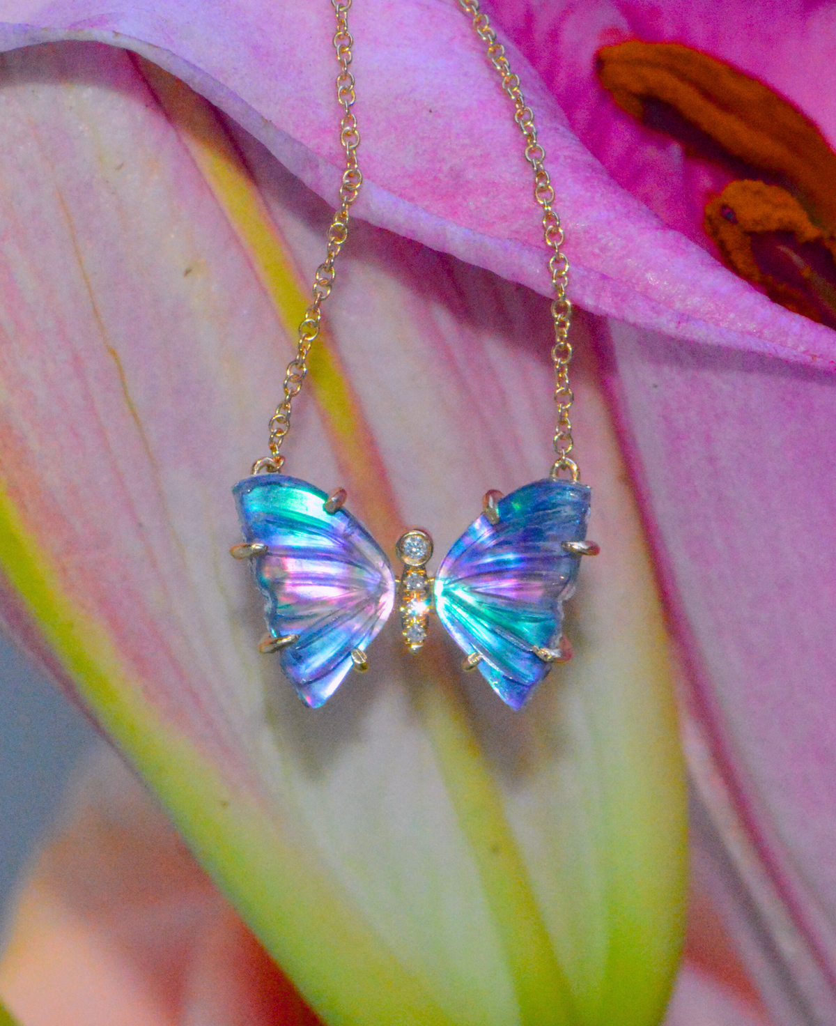 Purple Amethyst Pearl Diamond Butterfly Necklace with Prongs