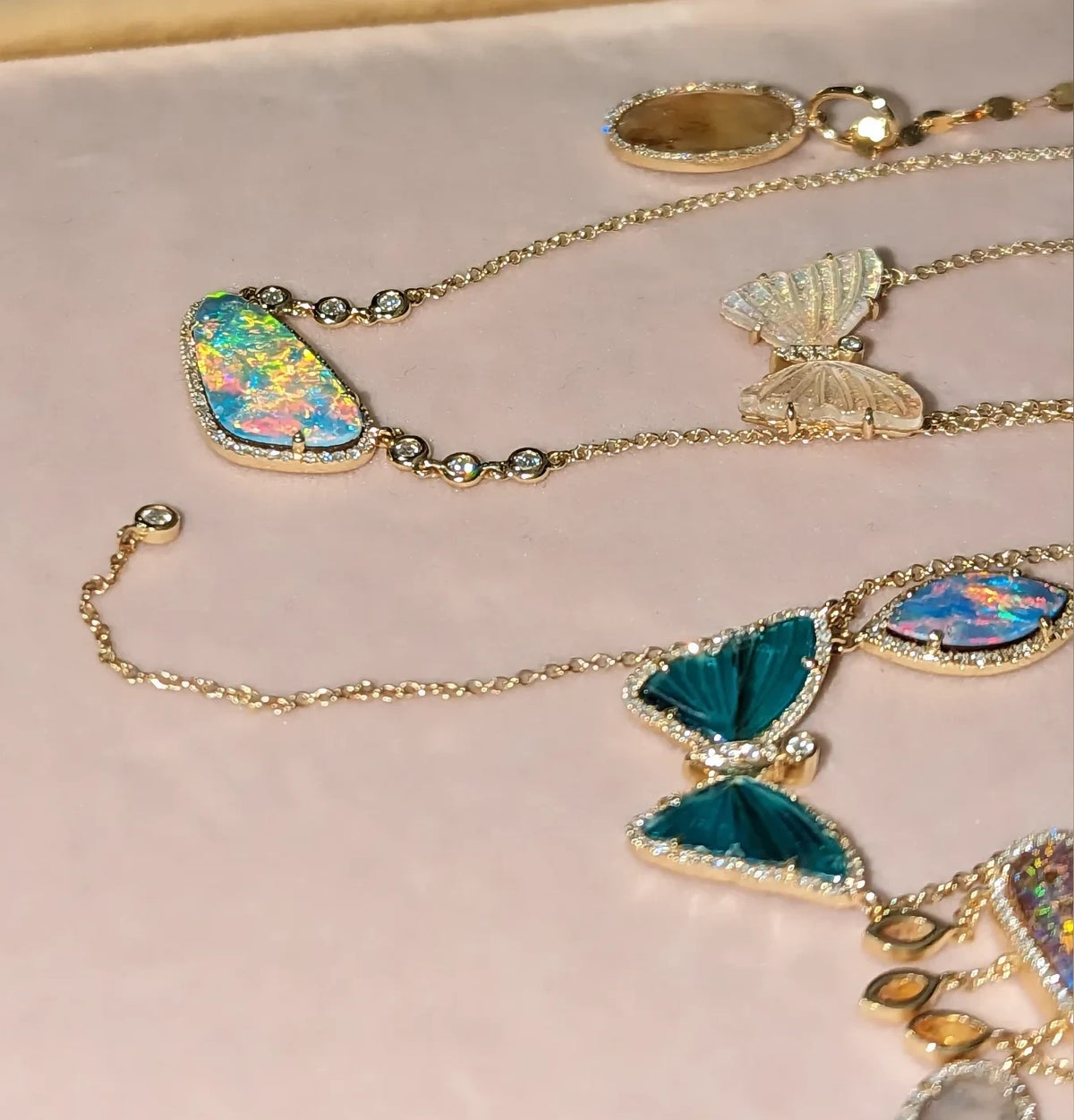 Fire Boulder Opal Necklace With In-Line Diamonds - Large