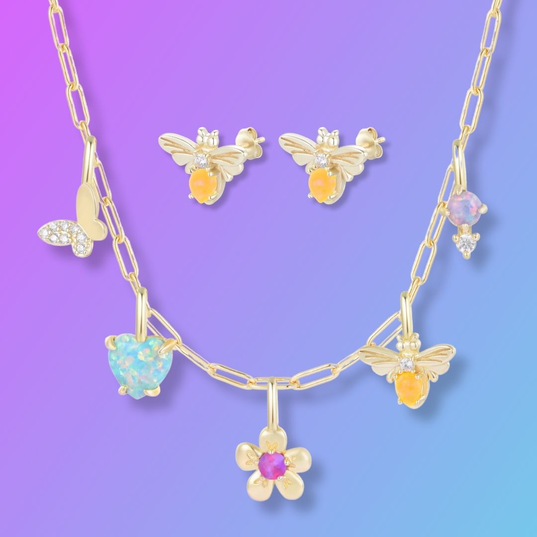 Gift Set | Flower Garden Charm Necklace With Opals on Paperclip Chain with Opal Bee Stud