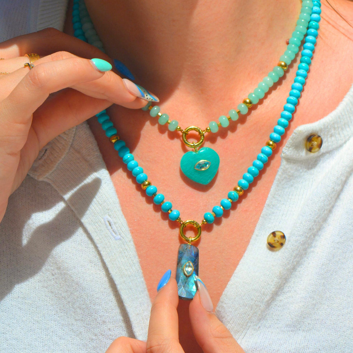 Kamaria gemstone necklaces layered amazonite and labradorite turquoise