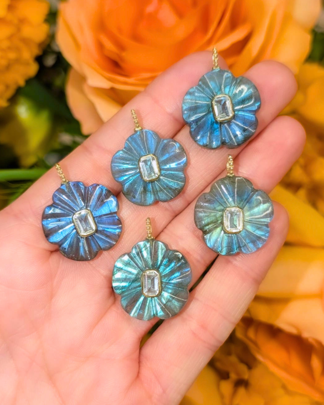 Labradorite Flower Gemstone Pendant With Topaz Baguette