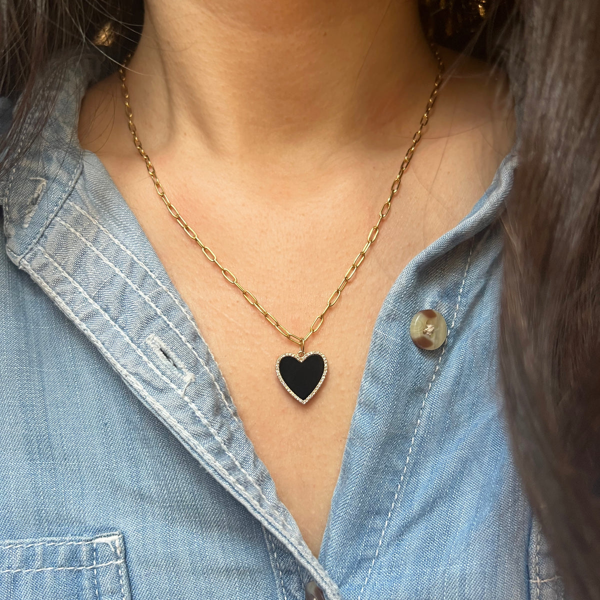 large black onyx heart necklace with diamonds on paperclip chain 14k gold