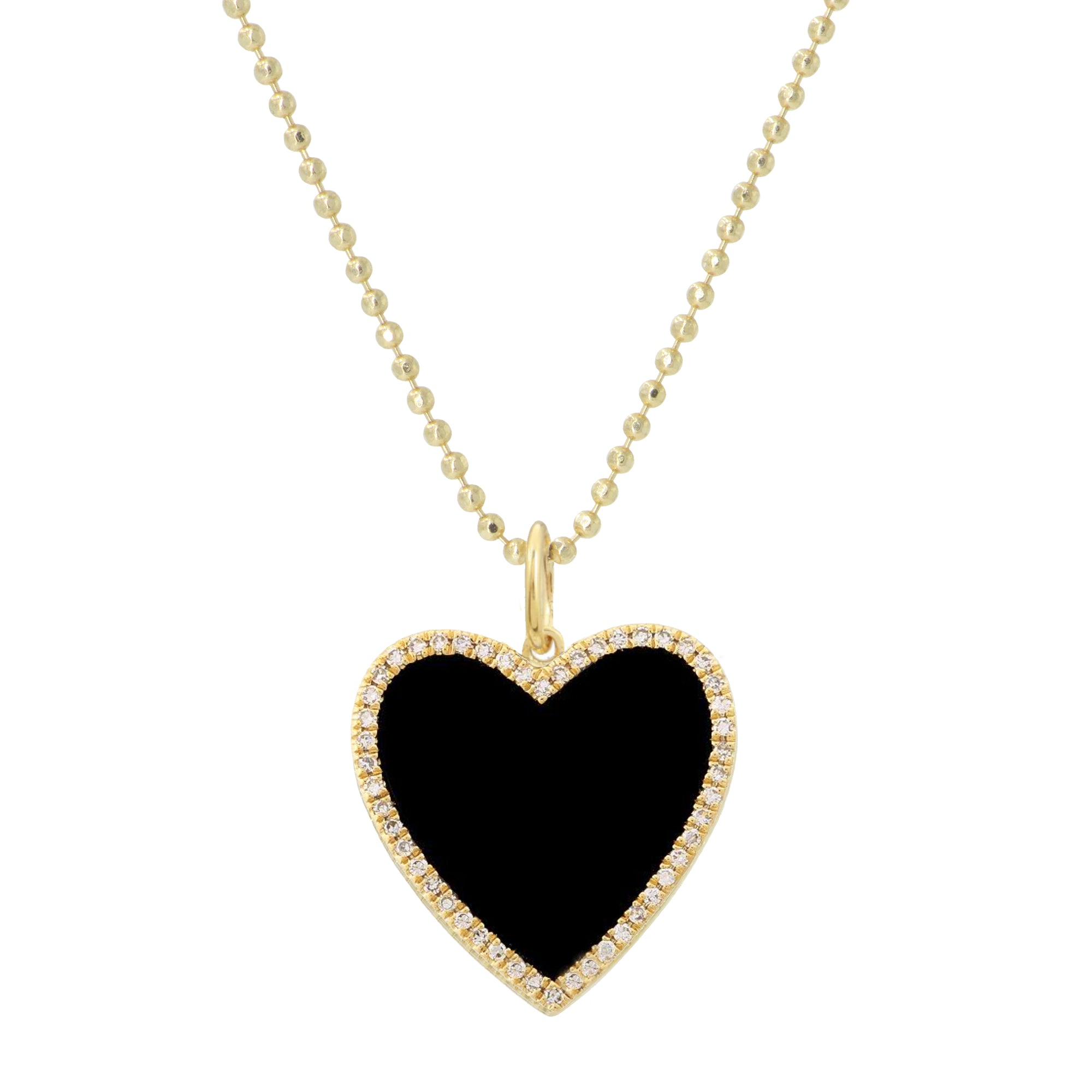 large black onyx heart necklace with diamonds on ball chain 14k gold
