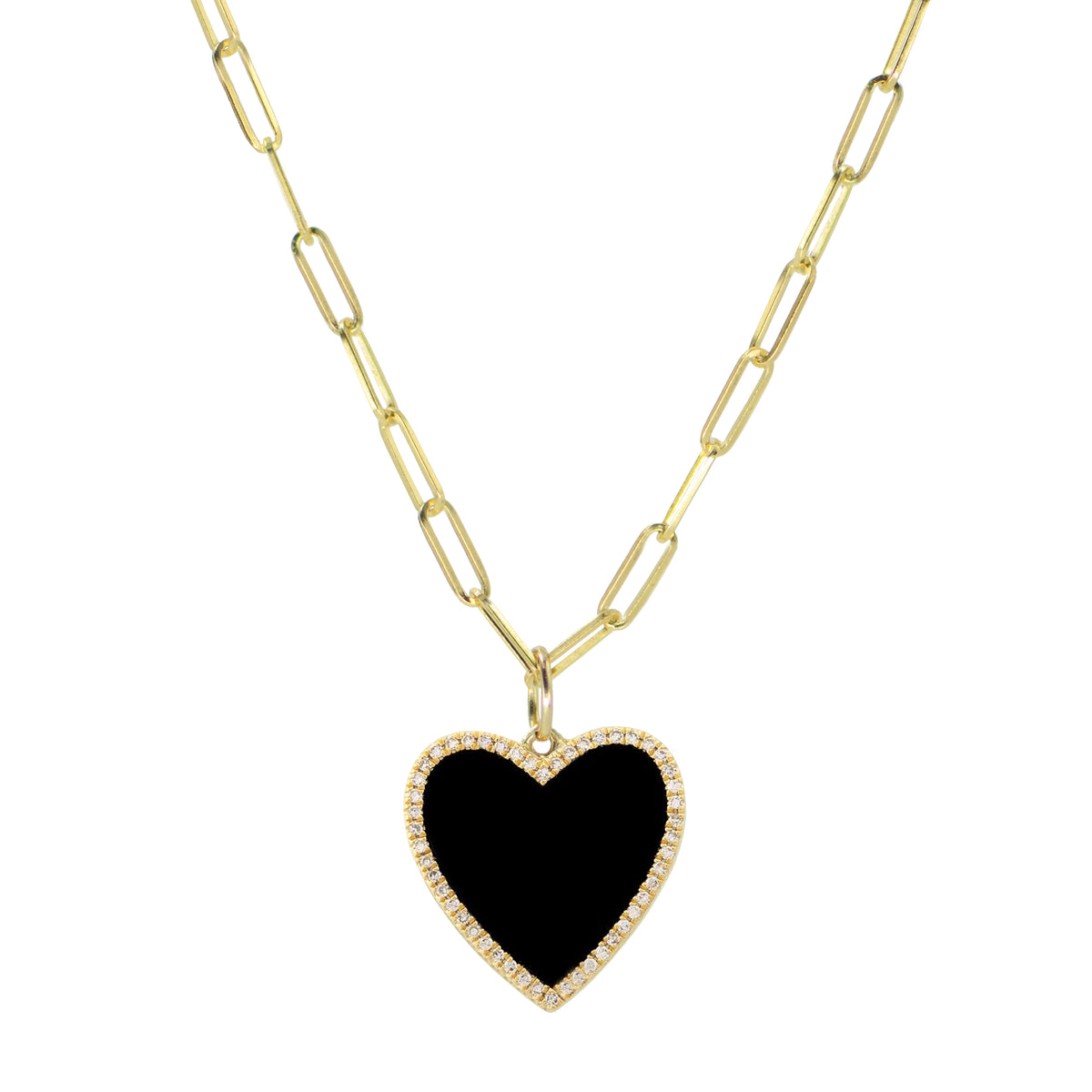 large black onyx heart necklace with diamonds on paperclip chain 14k gold