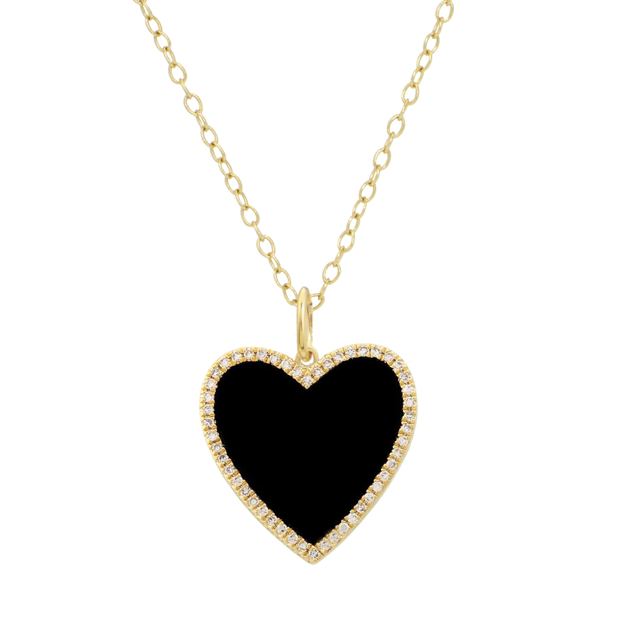 large black onyx heart necklace with diamonds on simple chain 14k gold
