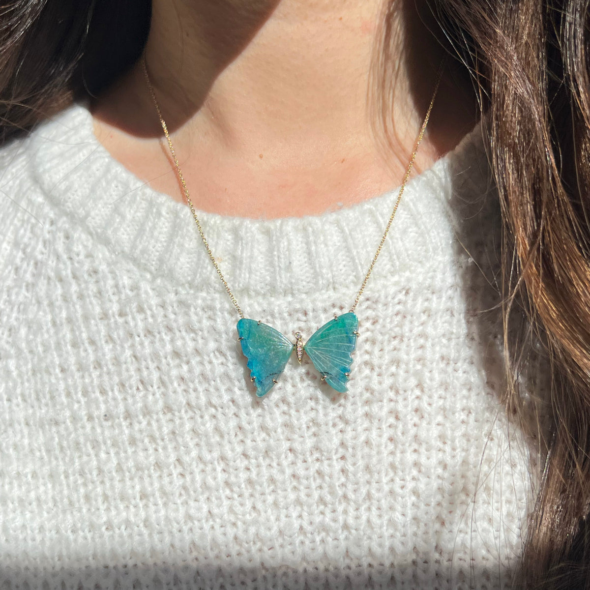 large chrysocolla butterfly necklace with diamonds and prongs