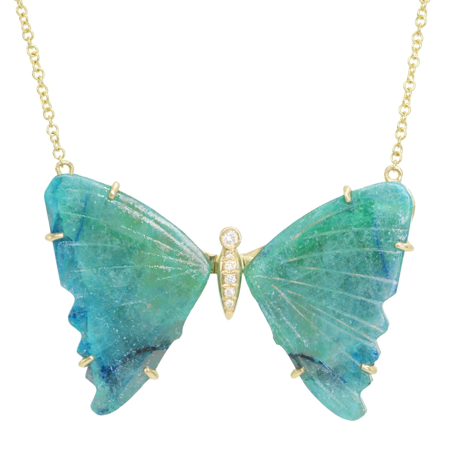 large chrysocolla butterfly necklace with diamonds and prongs