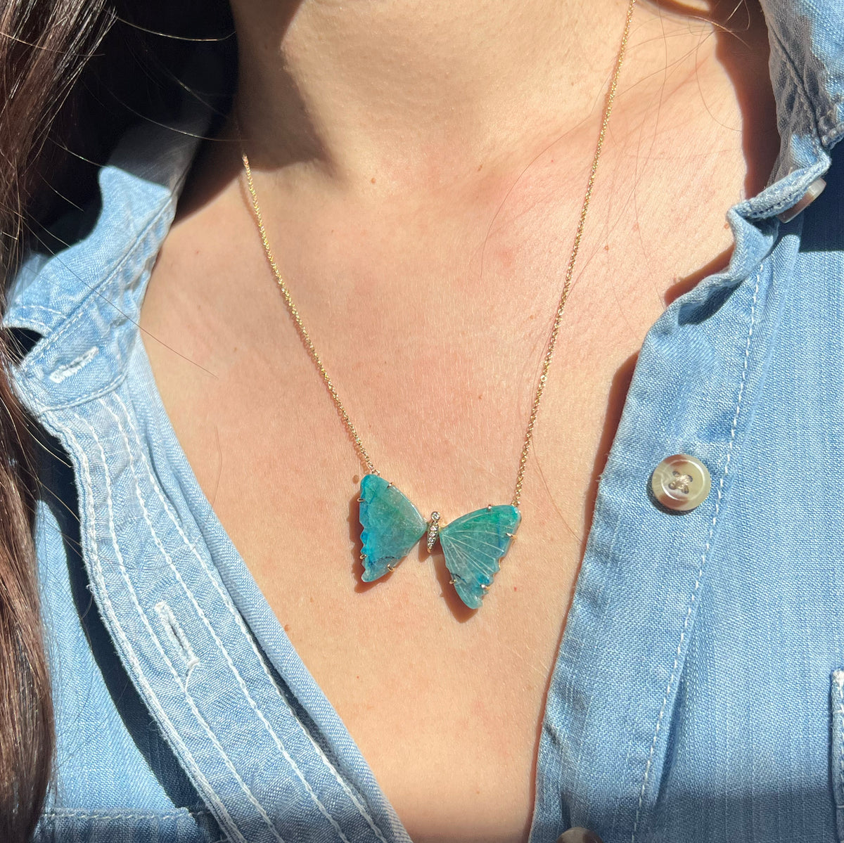 Large Green Chrysocolla Butterfly Necklace with Diamonds and Prongs