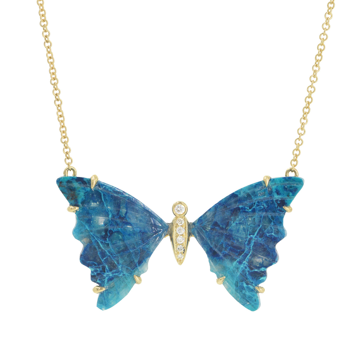 large chrysocolla butterfly necklace with prongs and diamonds