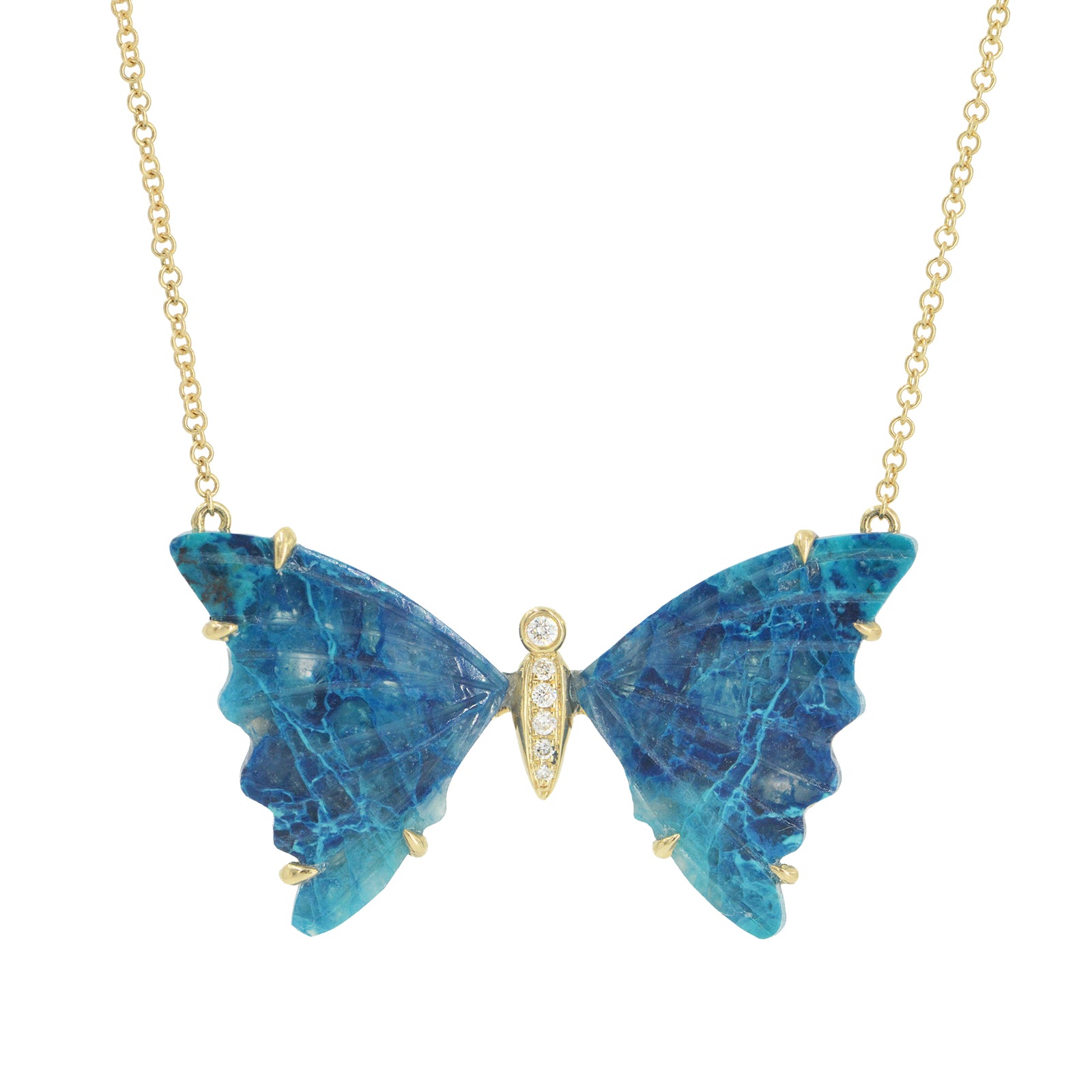 large chrysocolla butterfly necklace with prongs and diamonds