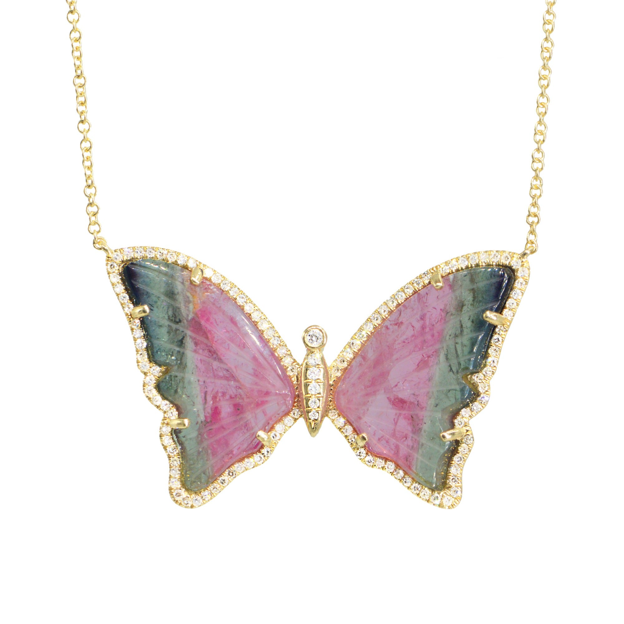 large dark watermelon tourmaline butterfly necklace with diamonds