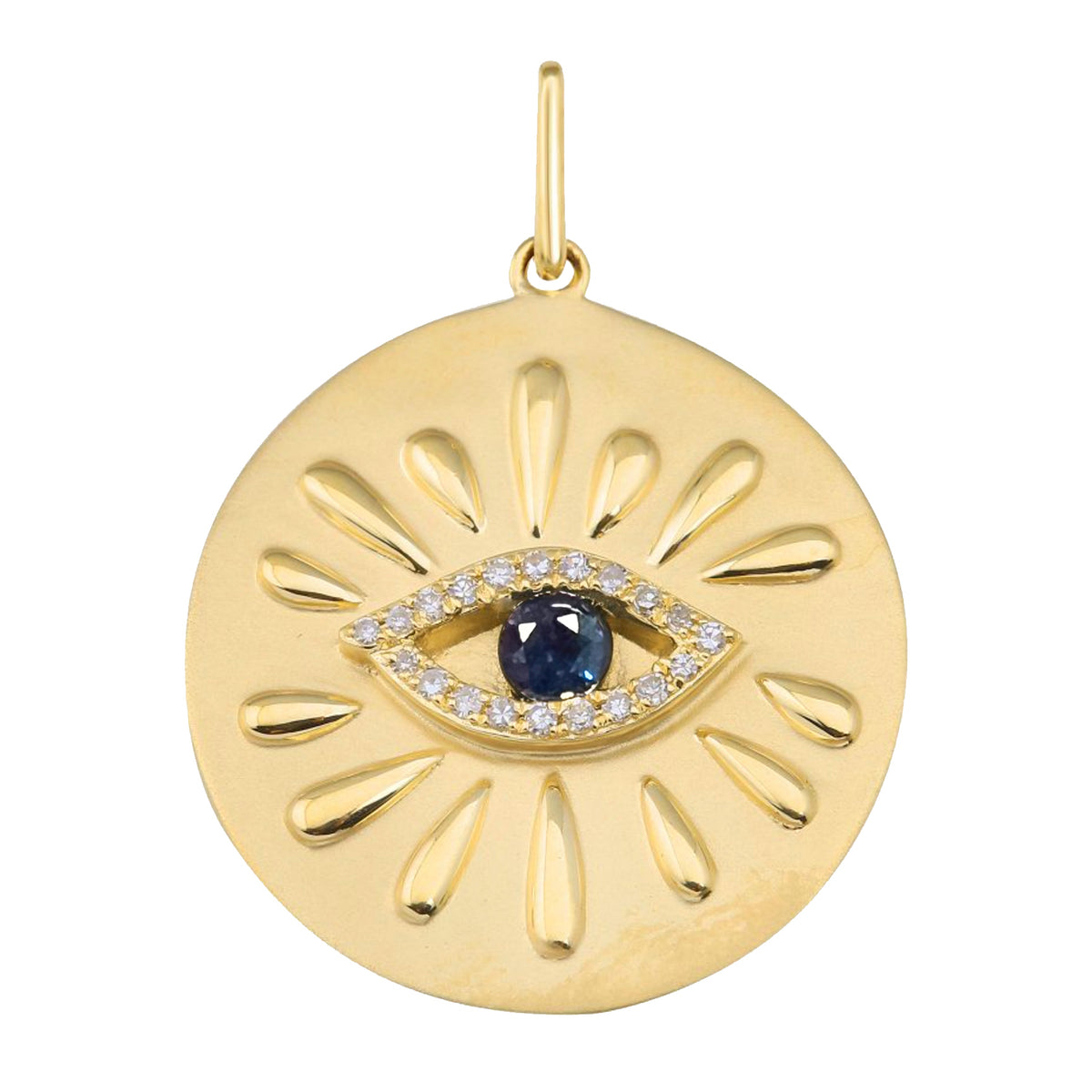 large evil eye disk necklace with blue sapphire and rays charm