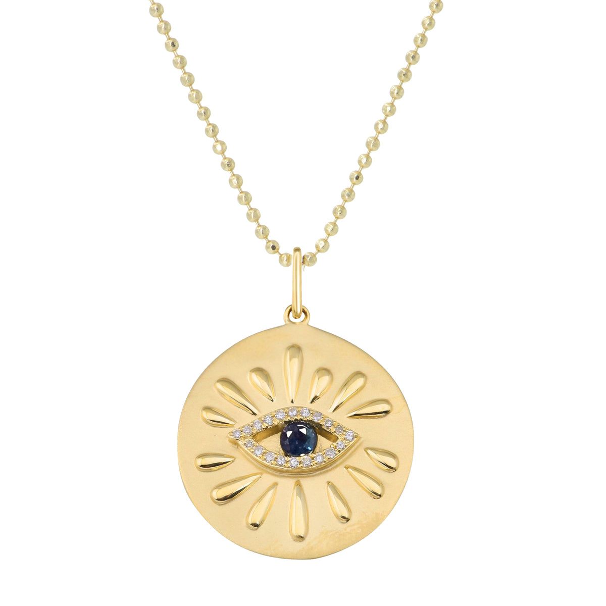 large evil eye disk necklace with blue sapphire and rays ball chain
