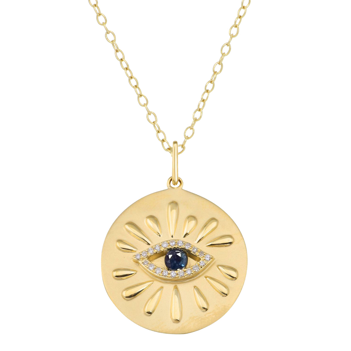large evil eye disk necklace with blue sapphire and rays simple chain