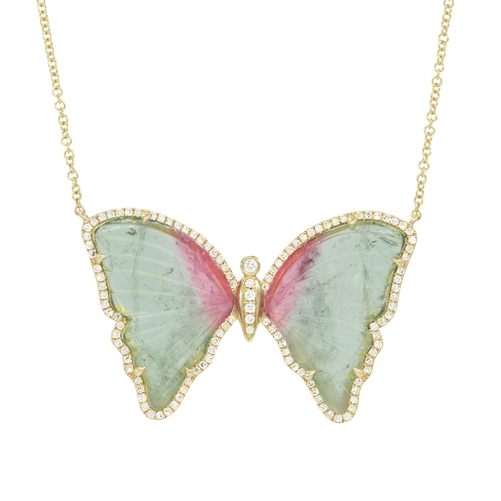 large green and pink tourmaline butterfly necklace with diamonds